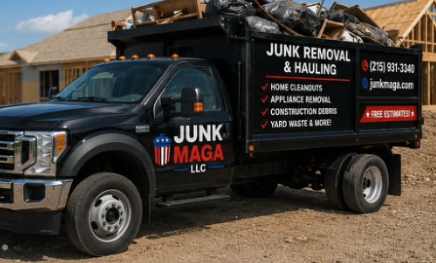 Junkmaga crew truck loaded with hauled junk at a Philadelphia job site